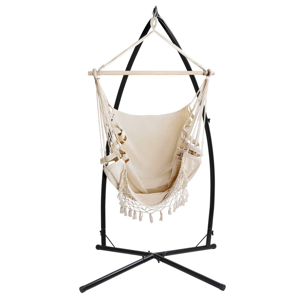 Gardeon Hammock Chair with Steel Stand Hanging Outdoor Tassel Cream