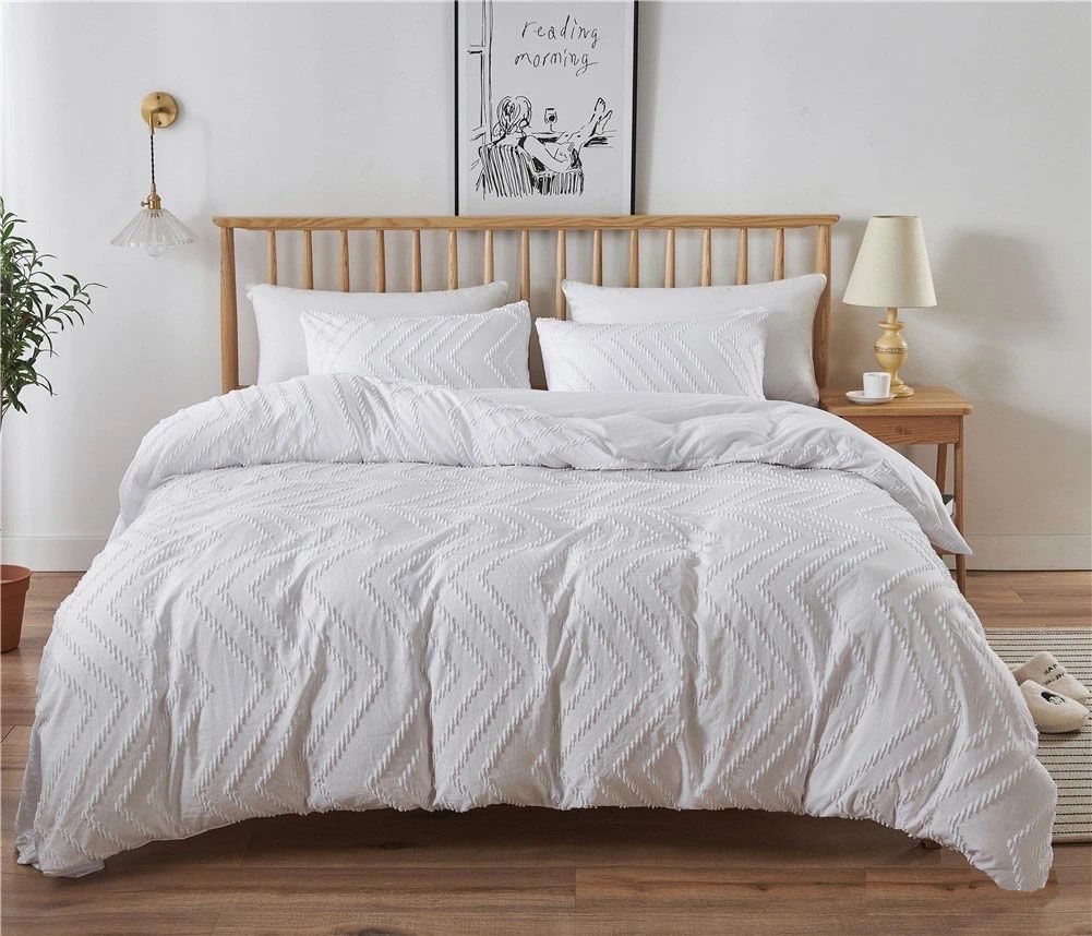 Tufted Boho Wave Jacquard King Size White Duvet Quilt Cover Set