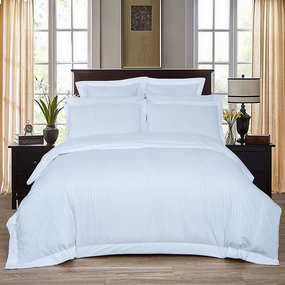 1000TC Ultra Soft Striped Super King Size White Duvet Quilt Cover Set