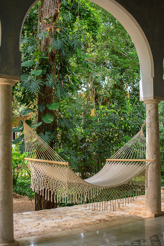 Mayan Legacy Queen Size Outdoor Cotton Mexican Resort Hammock With Fringe in Cream Colour